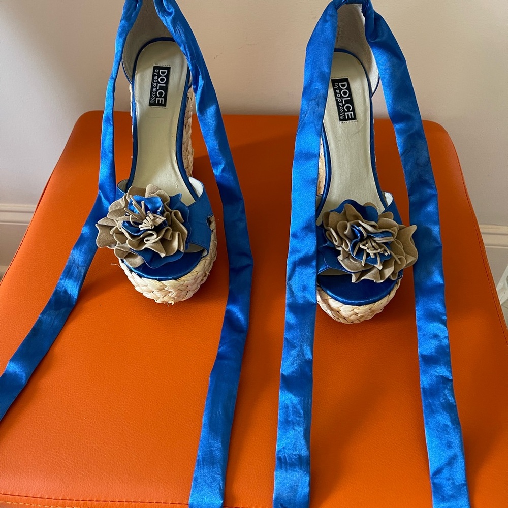 Blue and Tan Espadrilles with Ruched Satin